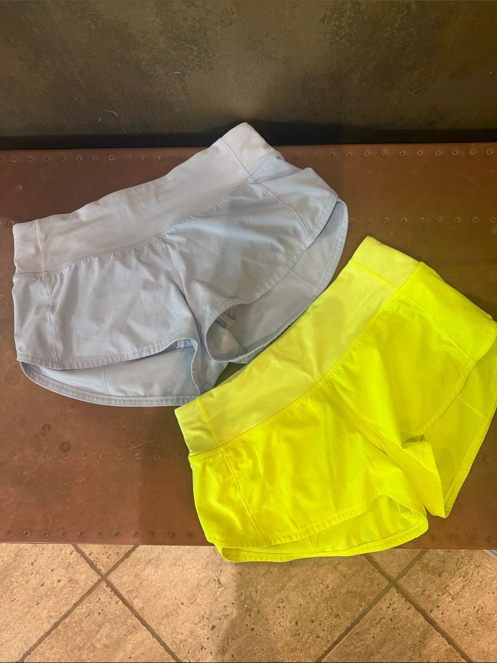 2 LuLuLemon Low- Rise Speed Up 2.5 Shorts - Light Blue & Neon Yellow